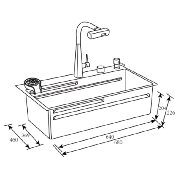 flusso-lite-68-medidas Fregador con Accesorios de 68 cm Flusso Lite 68 Vetrux